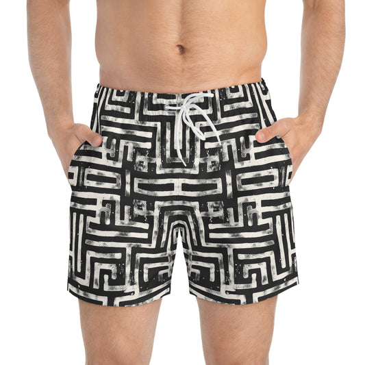LABYRINTH Imprinted 5-6" Inseam Swim Trunks - Onyx