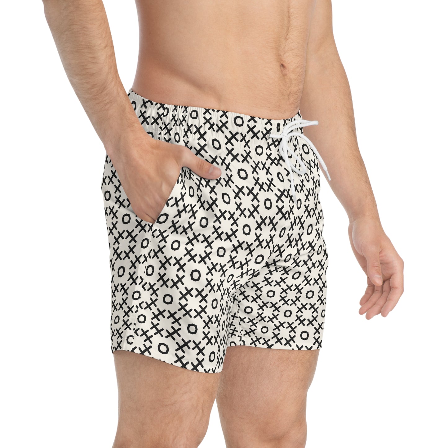 TIC-TAC-HOE Imprinted 5-6" Inseam Swim Trunks - Bone