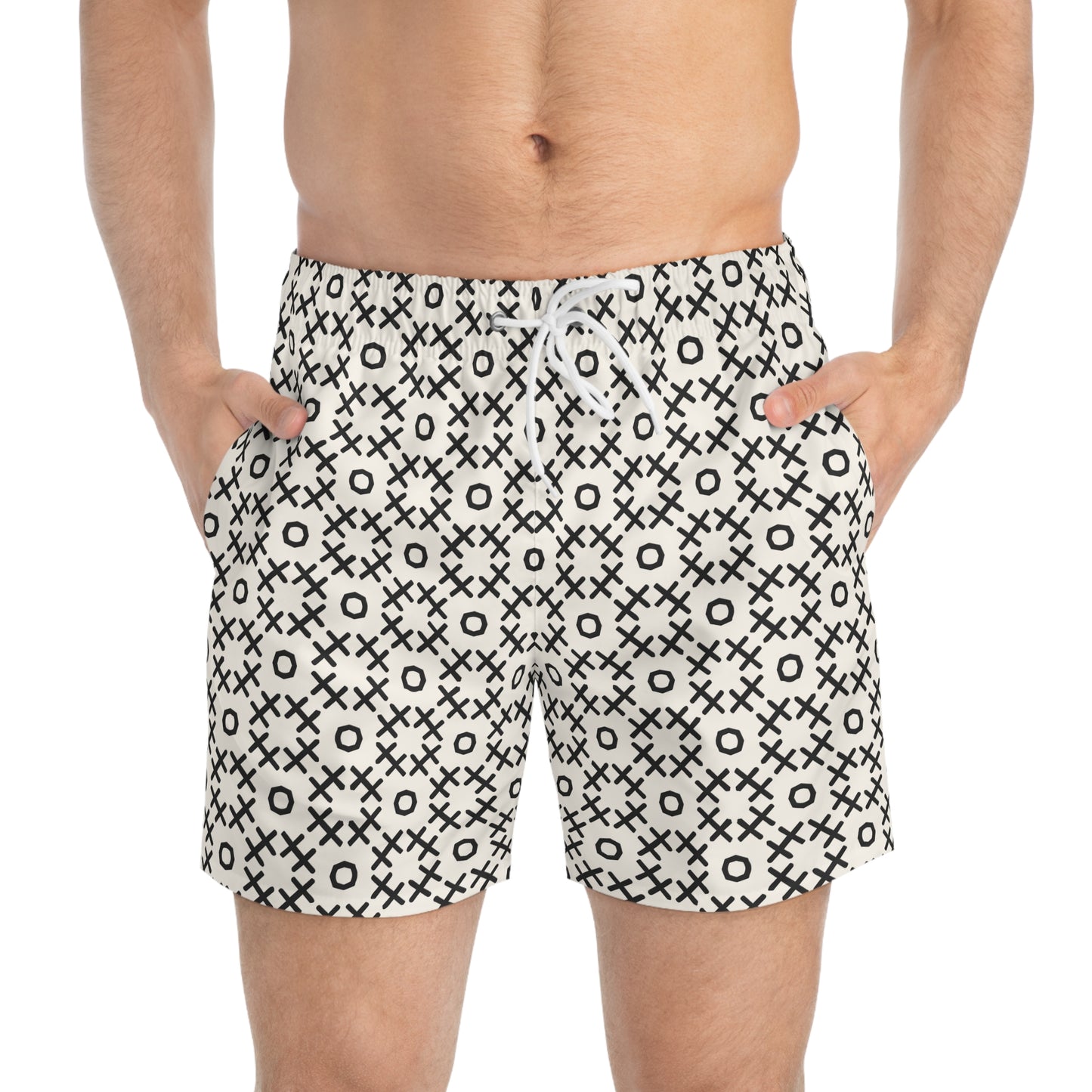 TIC-TAC-HOE Imprinted 5-6" Inseam Swim Trunks - Bone