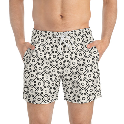 TIC-TAC-HOE Imprinted 5-6" Inseam Swim Trunks - Bone