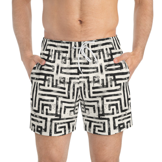 LABYRINTH Imprinted 5-6" Inseam Swim Trunks - Bone