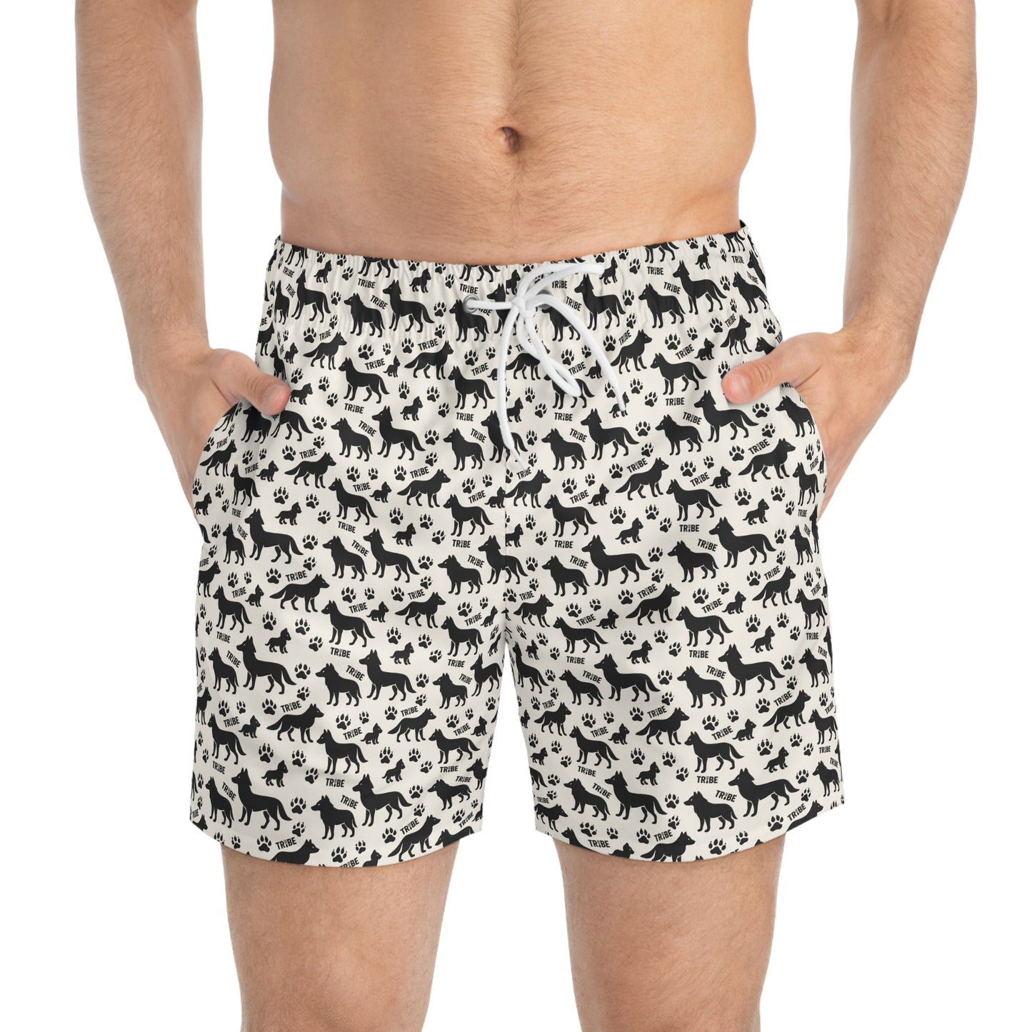 WOLF TRIBE Imprinted 5-6" Inseam Swim Trunks - Bone