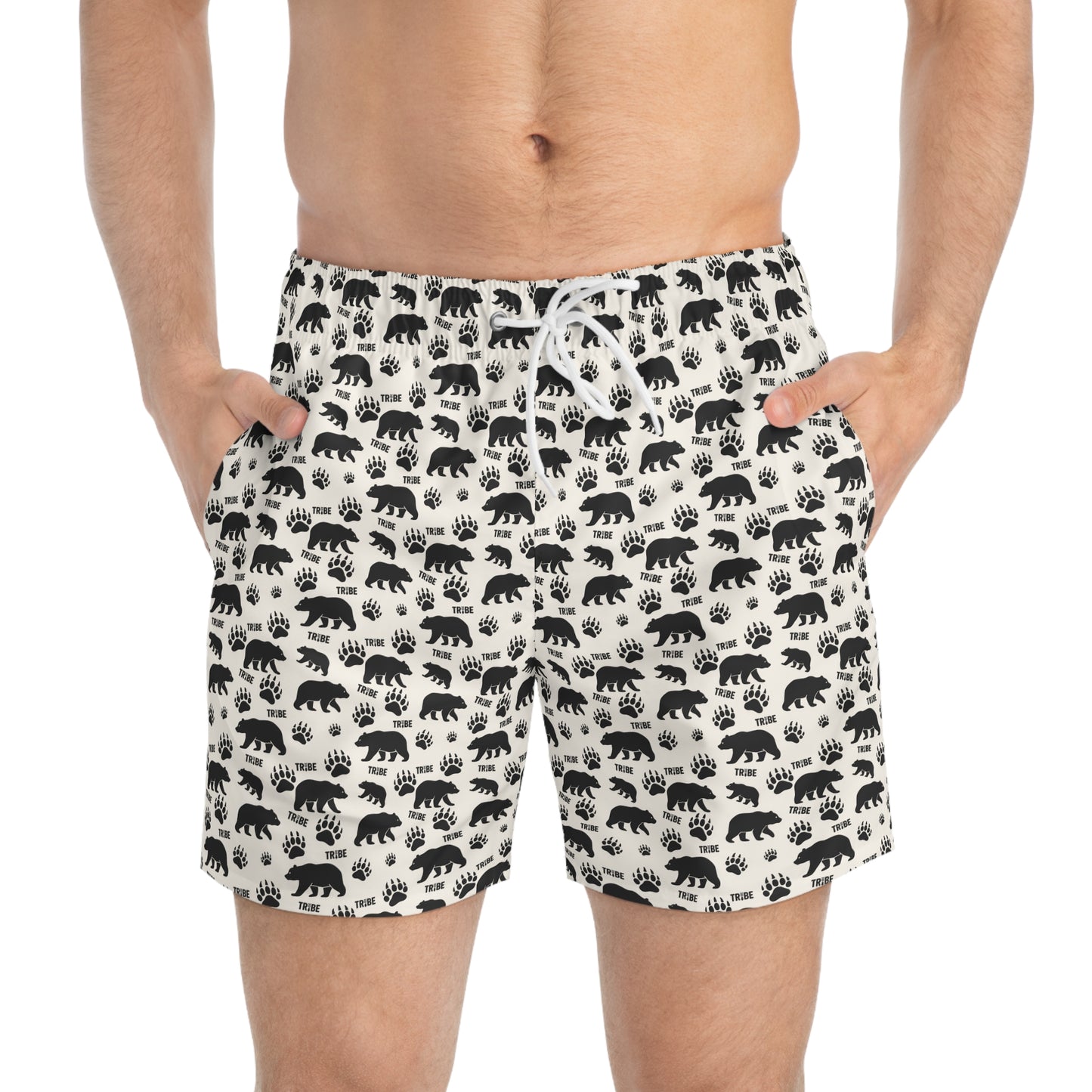 BEAR TRIBE Imprinted 5-6" Inseam Swim Trunks - Bone
